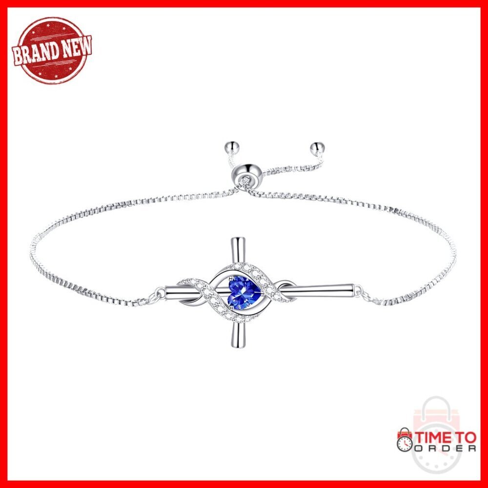 925 Sterling Silver Cross Birthstone Pendant Bracelet with Extension Chain